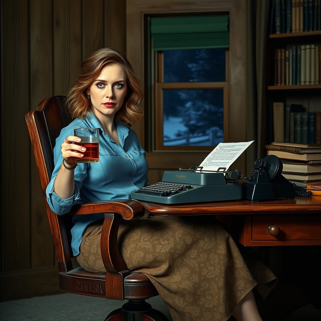 Contemplative Woman in Vintage Office Setting
