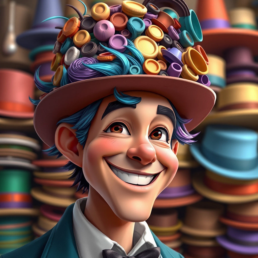 Man's Towering Hat of Hats: 2D Animation Portrait