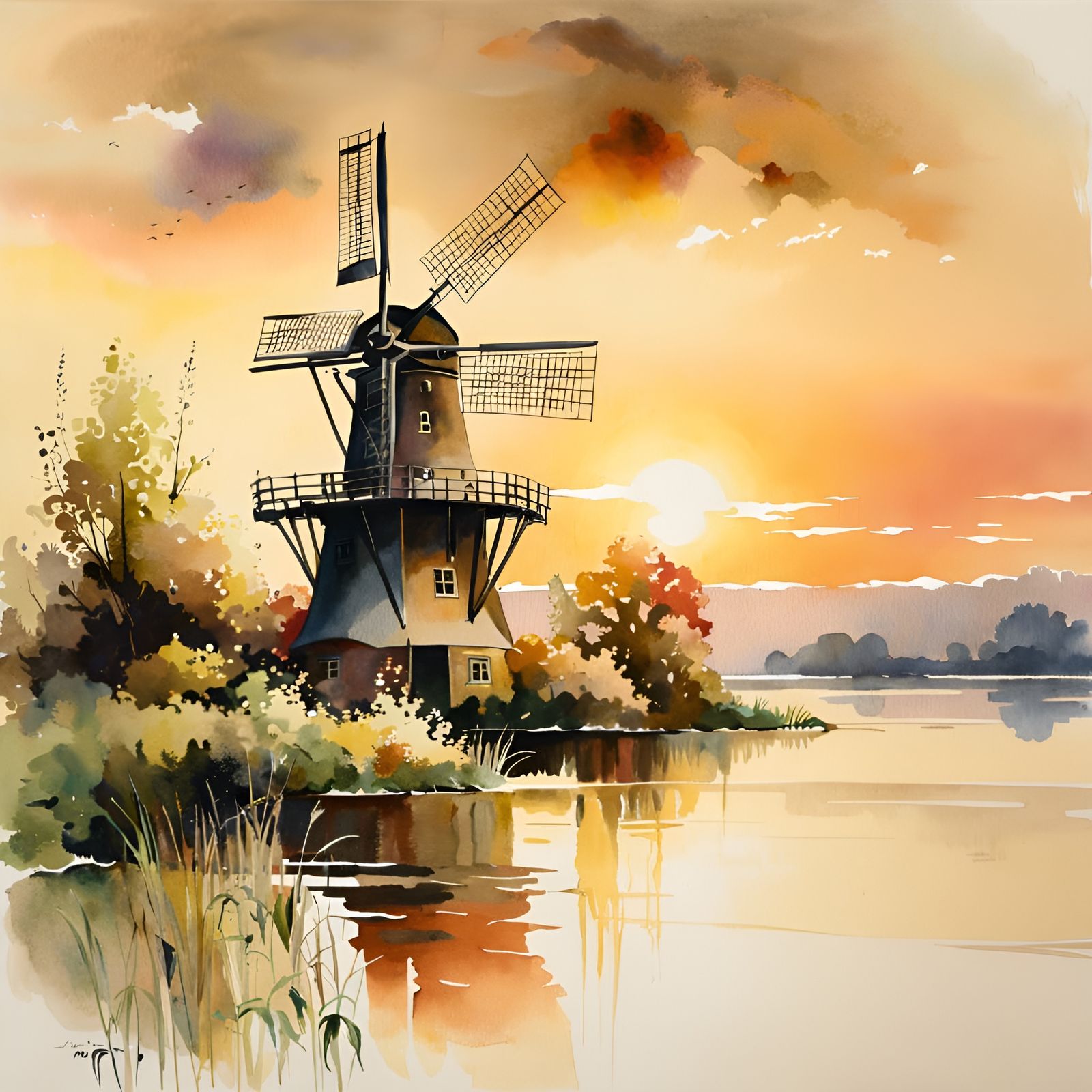 Windmill Watercolor Painting at Sunset