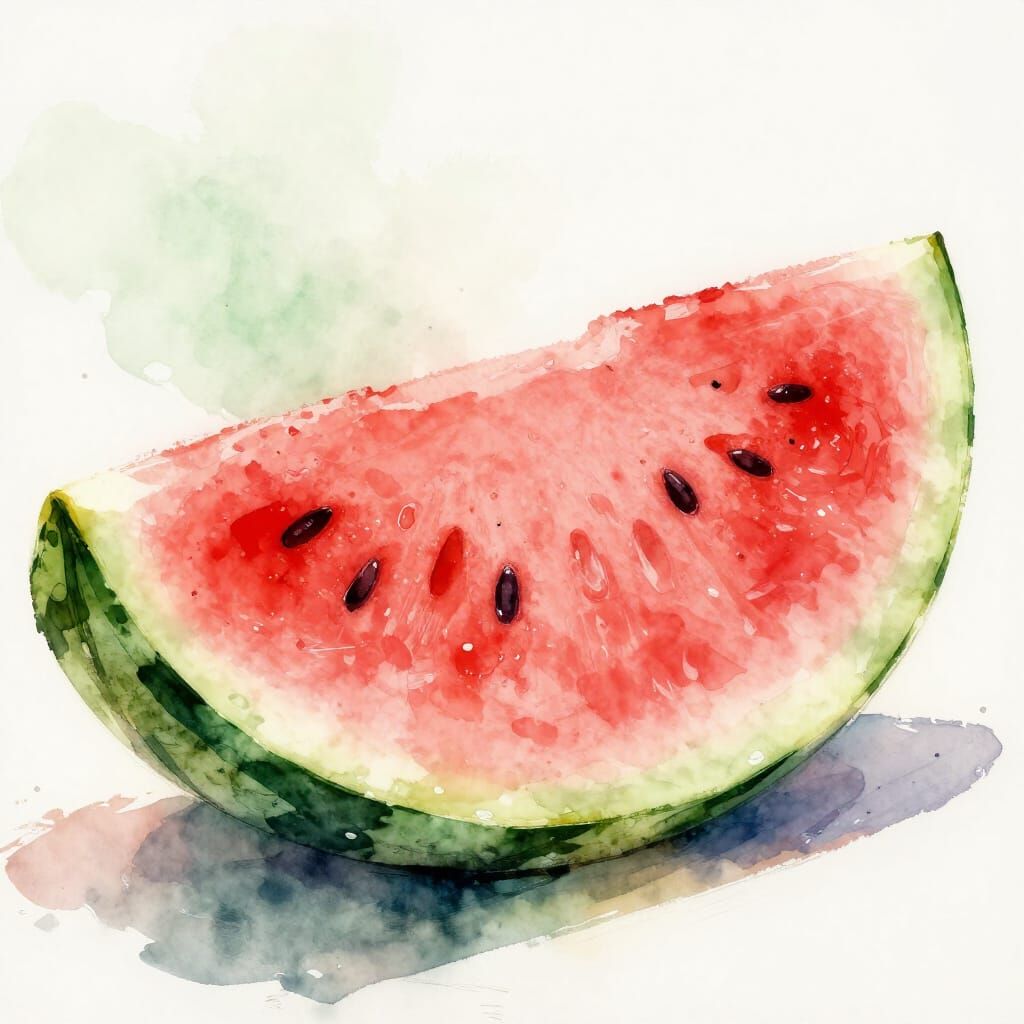 Expressive Watercolor Watermelon Slice in Pink and Green