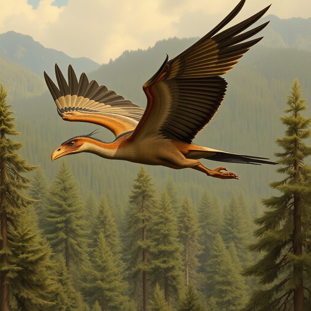 Archaeopteryx in Flight Over Gymnosperm Forest