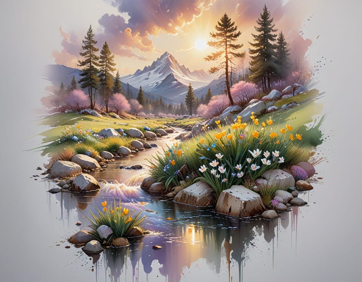 Early Spring Thaw: Mountain Foothills in Luminous Watercolor
