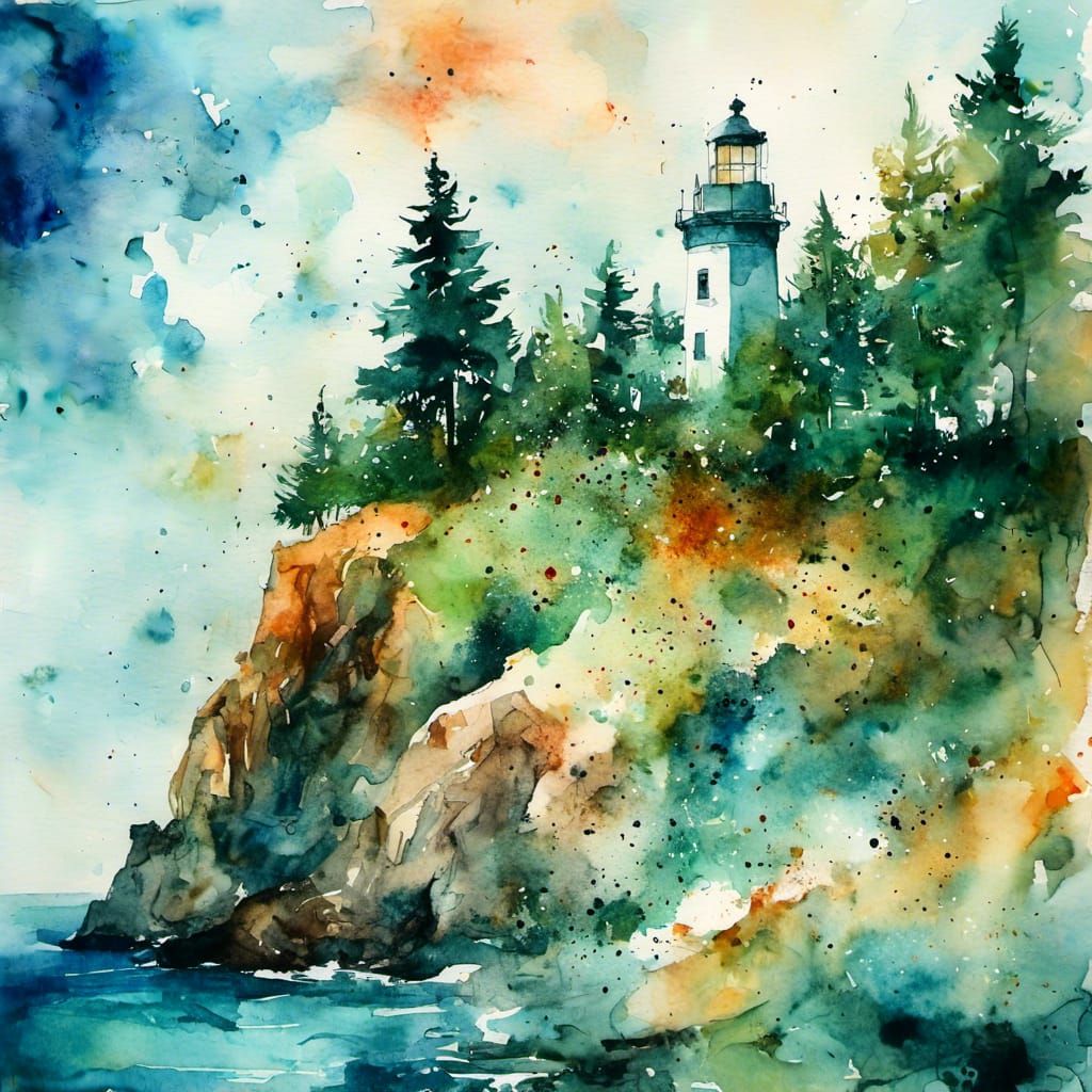 <lora:watercoloralpha:1.0>
Lighthouse on the cliff with pine trees, sundoppled, colourful, watercolor painting