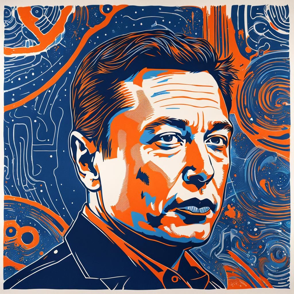 Elon Musk Linocut Portrait in Blue and Orange
