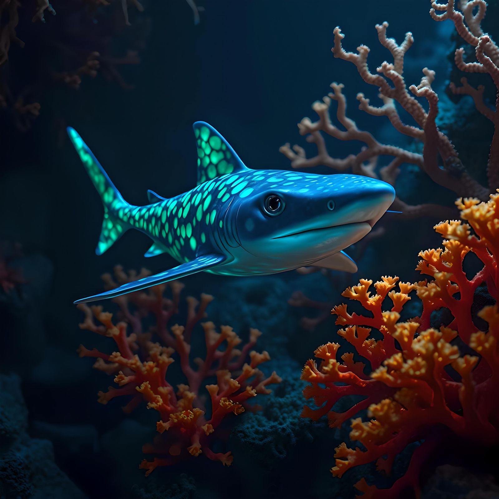 Glowing Pygmy Shark in Deep Blue Sea
