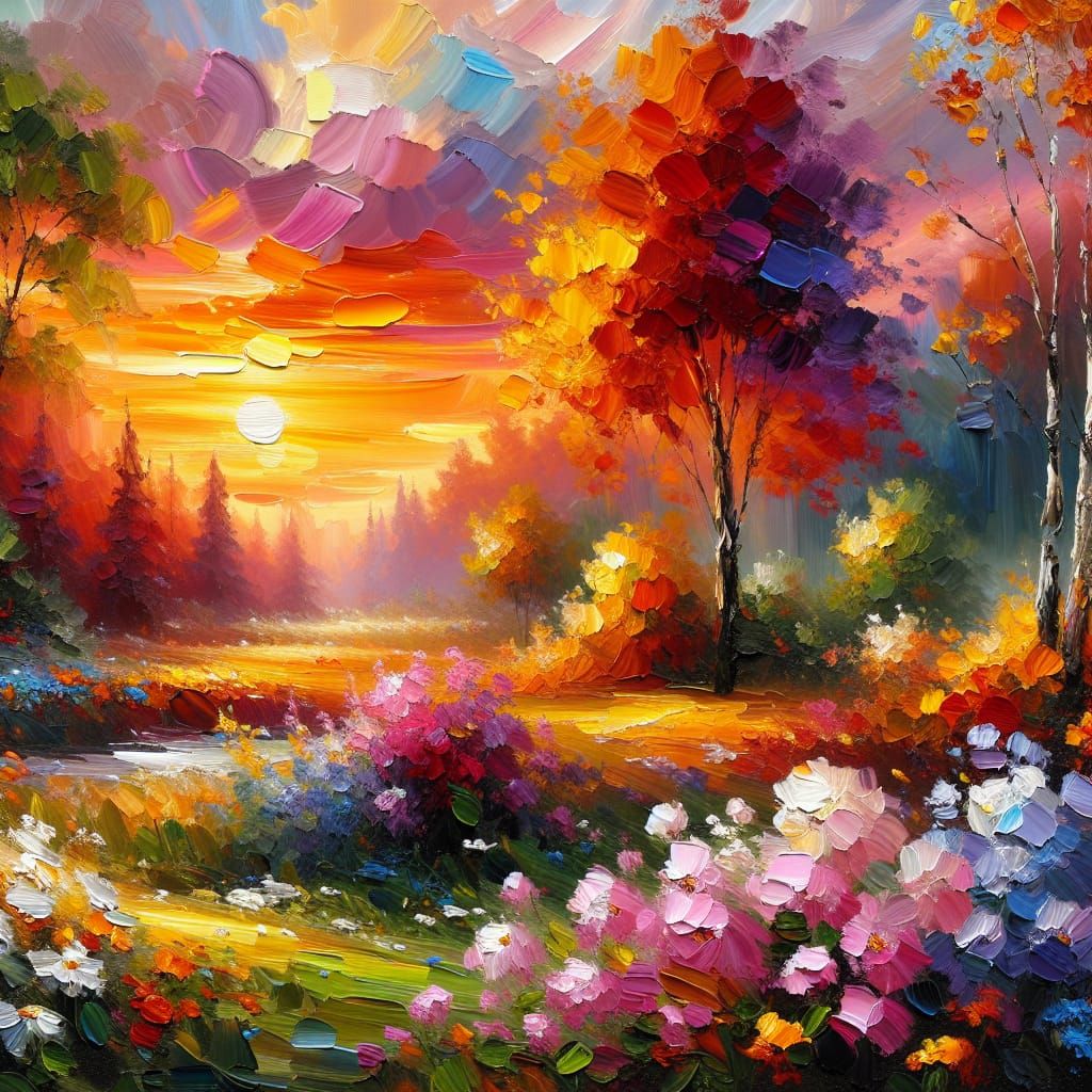 Neo-Impressionistic Autumn Landscape with Pastel Flowers