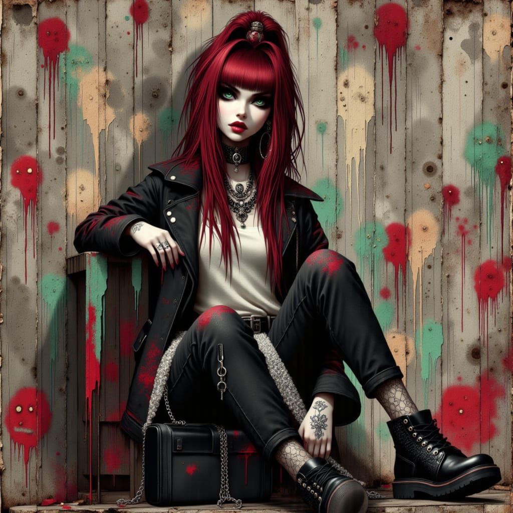 <lora:Goth Grunge Beauty:1.0> plan serré Jeune fille goth grunge très belle, yeux verts, percing sur le nez, cheveux en ...