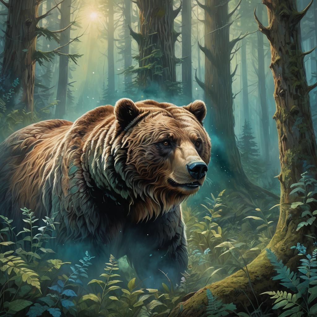 Fantasy Grizzly Bear in Whimsical Forest Landscape