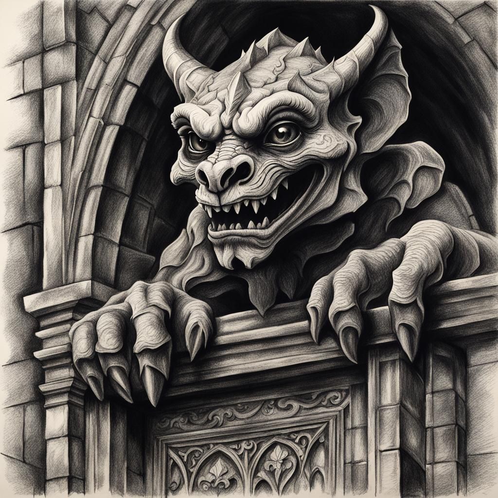 Detailed Charcoal Drawing of Medieval Gargoyle
