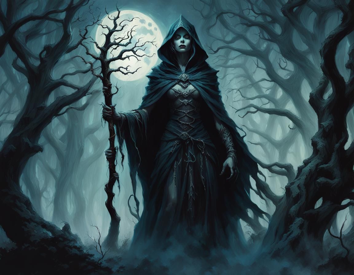 Dark Sorceress in Haunted Forest: Gothic Fantasy