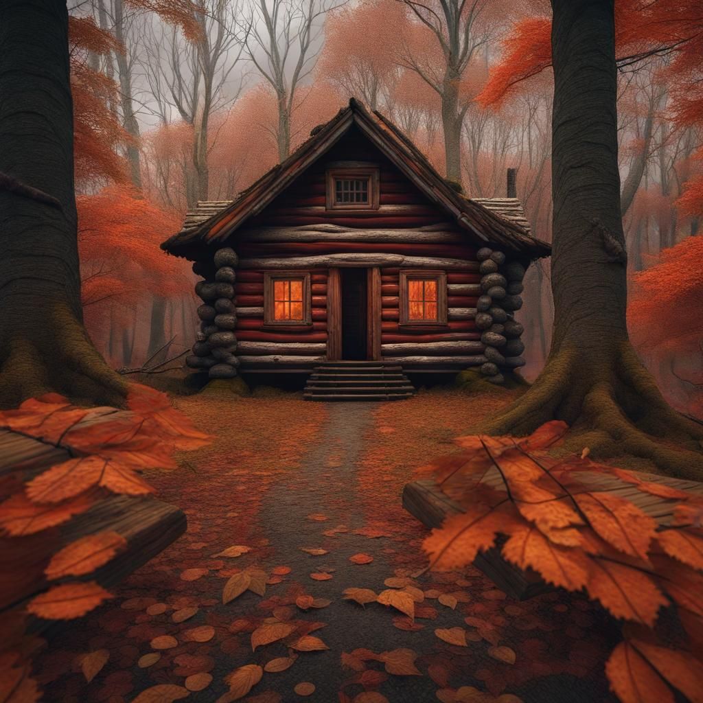 Eerie Autumn Forest Cabin with Monster, Dark Fantasy Art