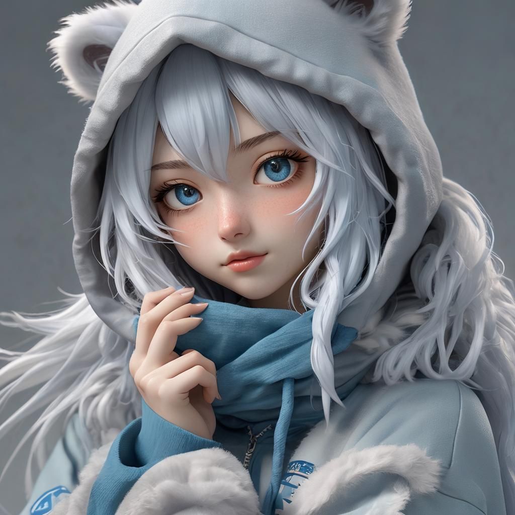 Anime Girl with Blue Hair in Bear Hoodie