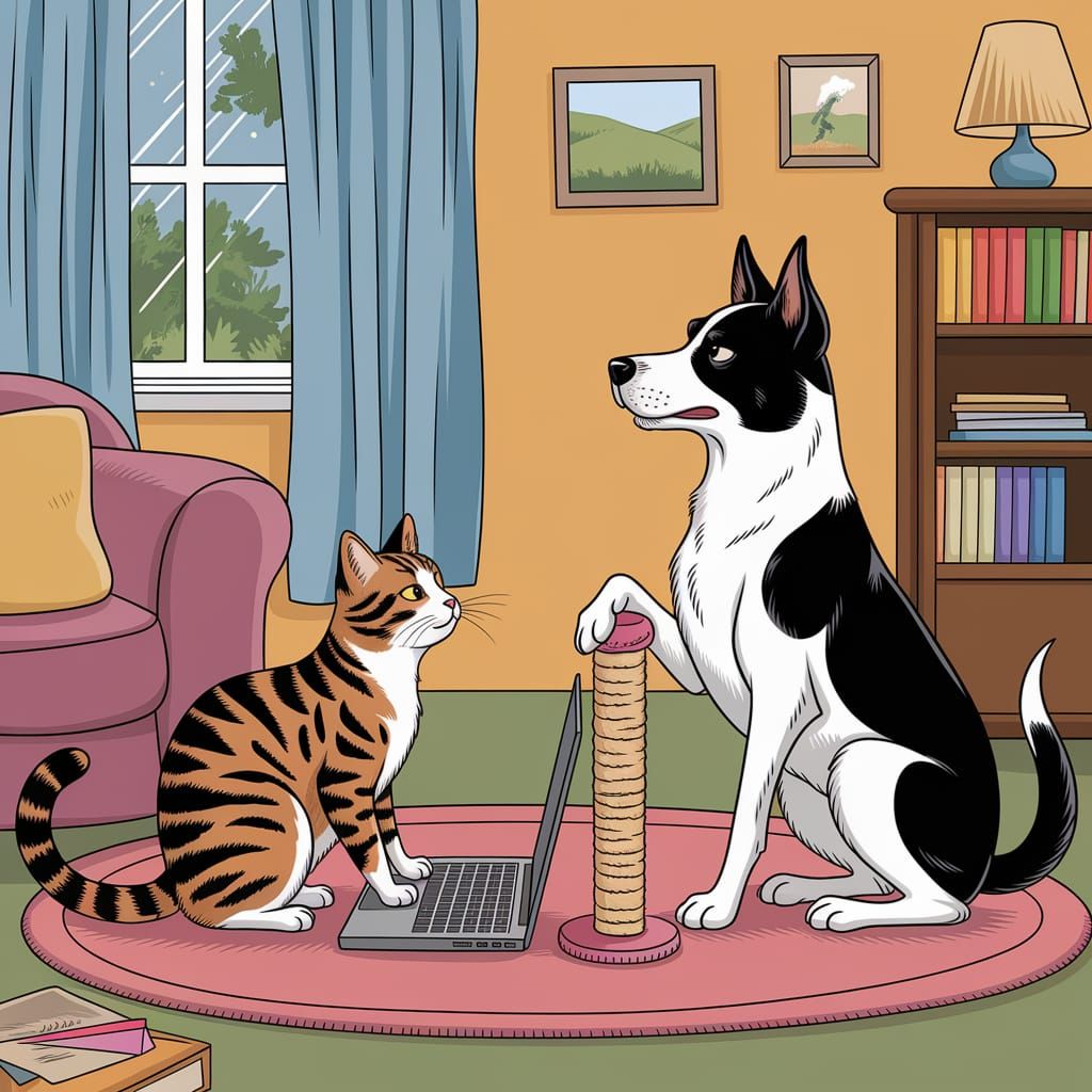Cat vs. Dog Rivalry in Cozy Living Room