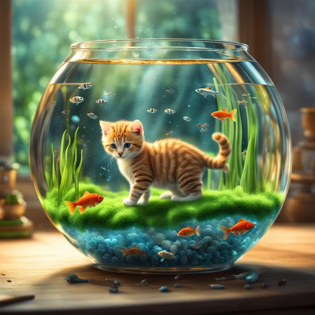 Playful Kitten's Fishbowl World: A Hyperrealistic Scene