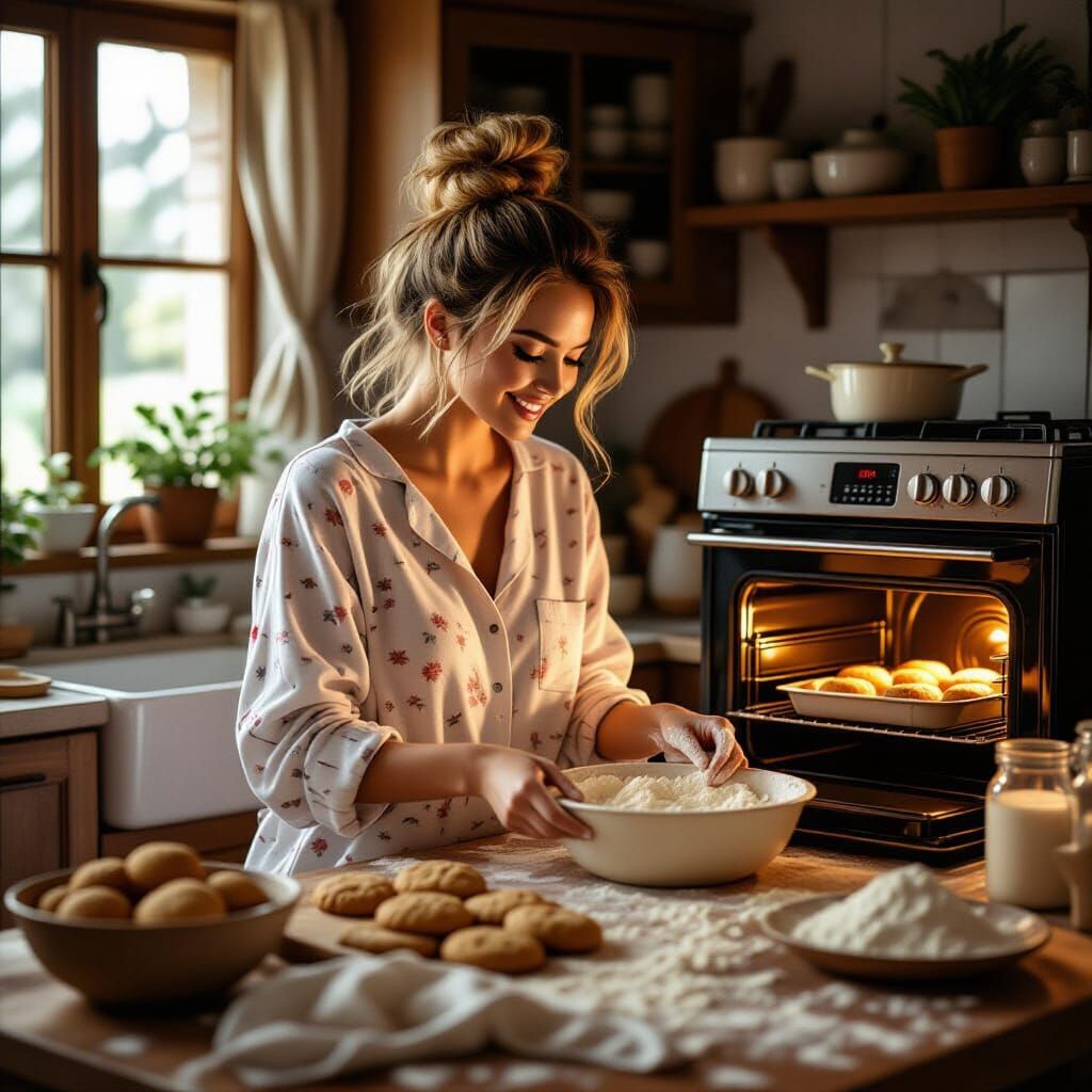 Cozy Kitchen Scene: Woman Baking Cookies
