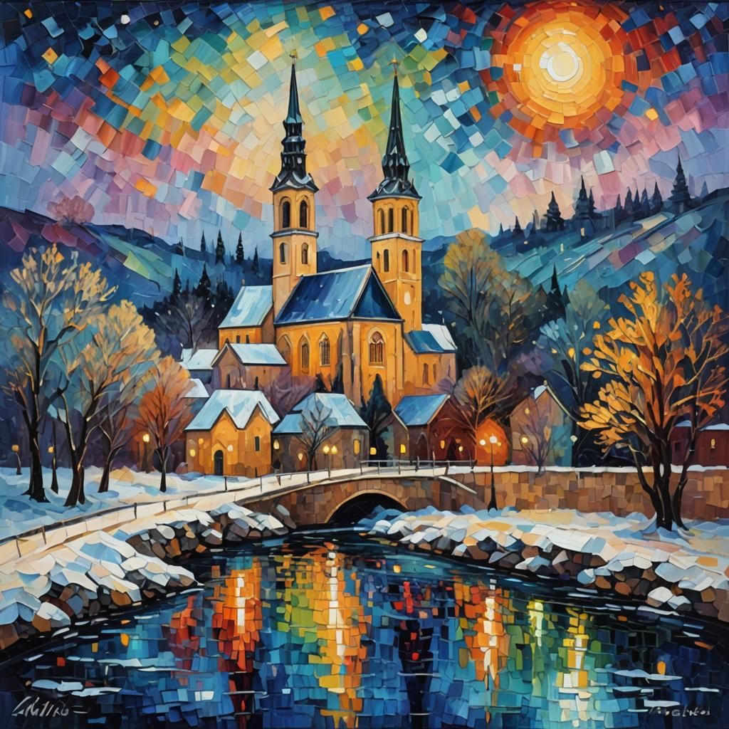 Starry Winter River Church in Expressionist Style
