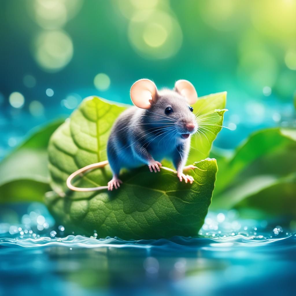 Cute Mouse Rafting on Leaf in Blue Torrent