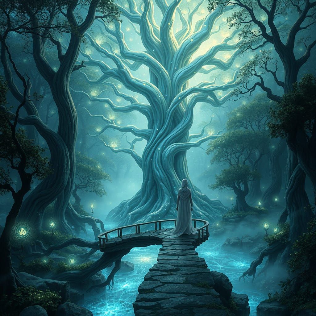 Surreal Enchanted Forest with Glowing Crystal Trees and Circ...