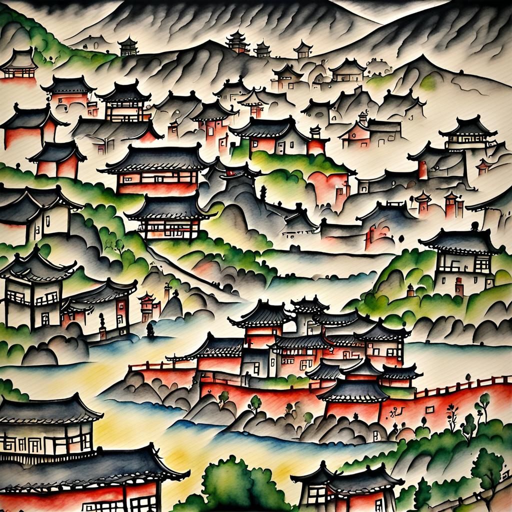 Korean Folk Art Cityscape in Watercolor and Ink