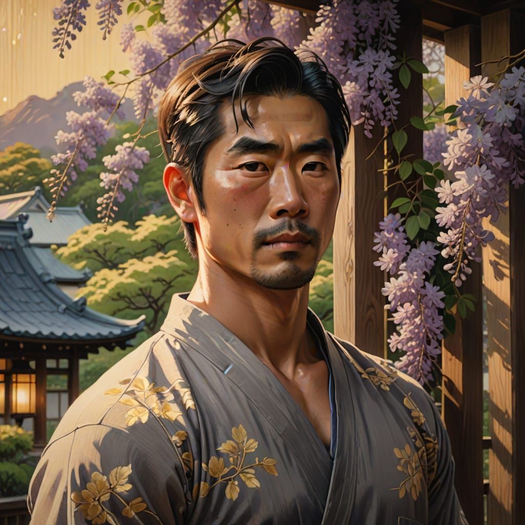 Japanese Man on Veranda with Wisteria in Oil Painting Style