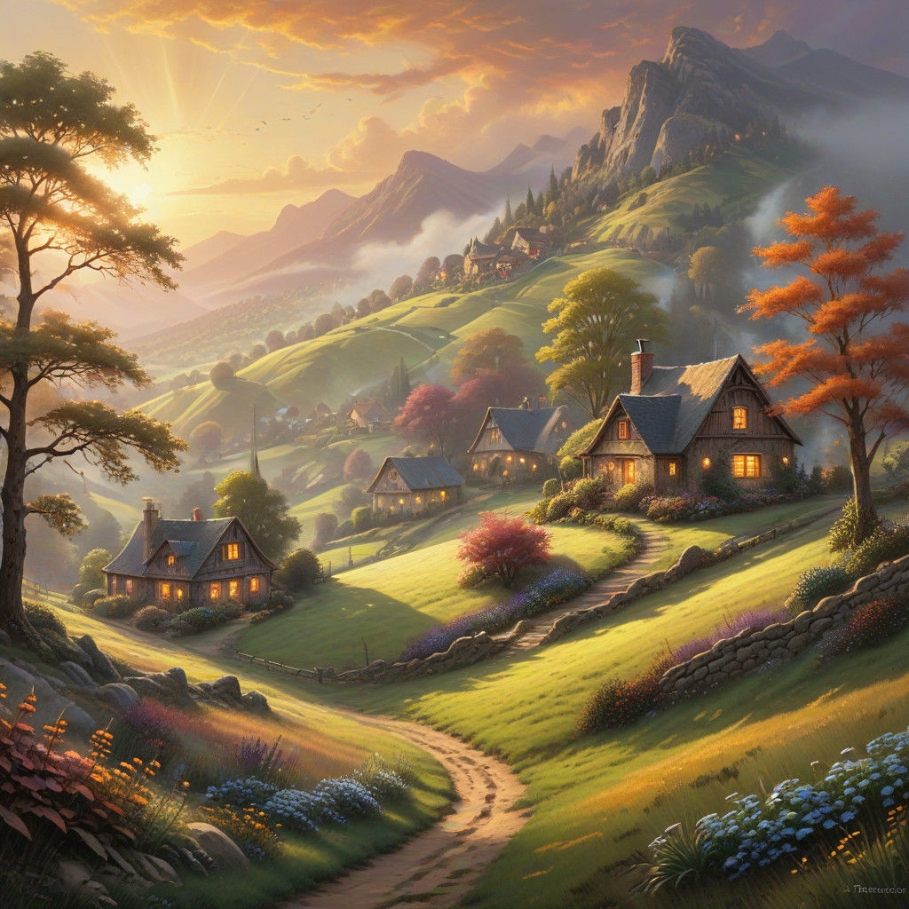 Ethereal Village at Sunset in Oil Painting Style