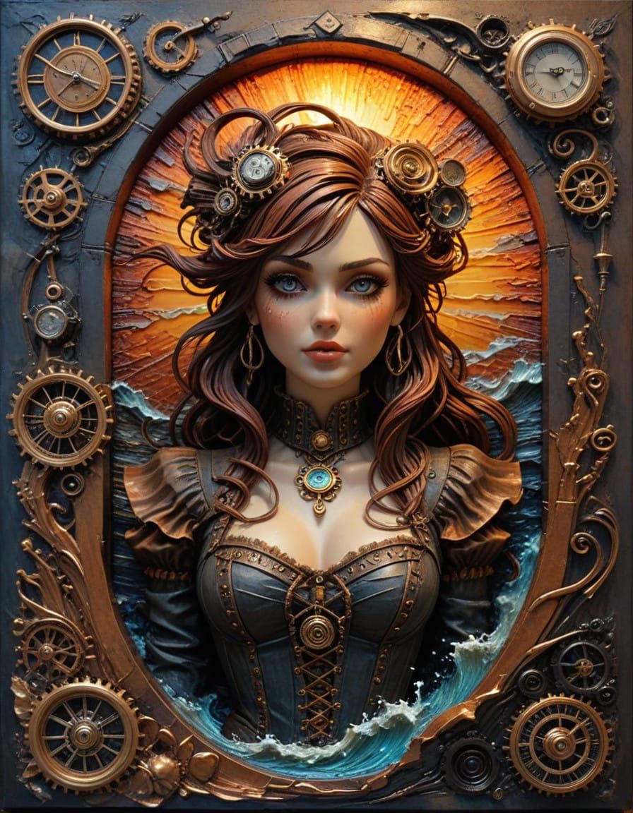 ((Impasto Cascade Hallucination)) High Relief Trompe L'oeil, Steampunk_Maiden Sunset