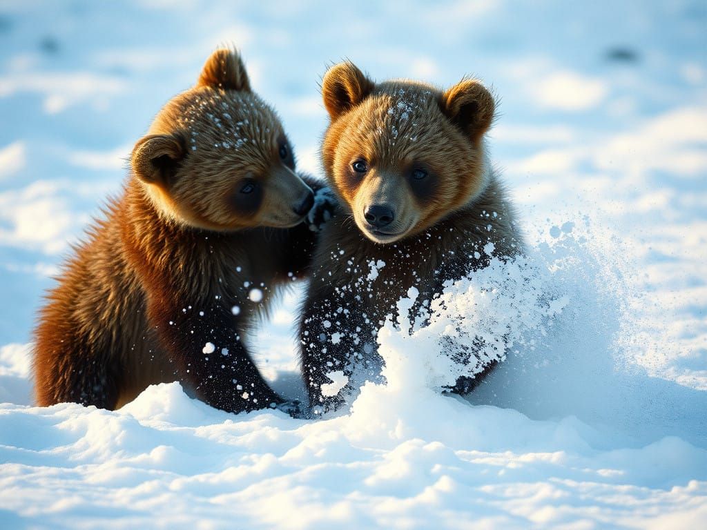 Grizzly Cubs Engage in Winter Play
