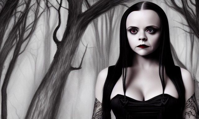 Wednesday Addams with Black Roses, Maximalist Matte Painting