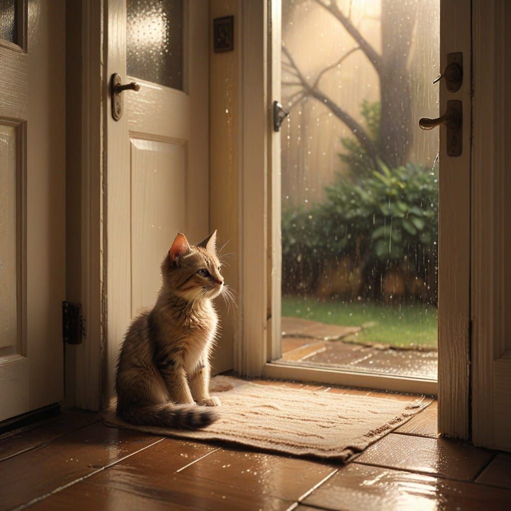Wet Kitten Seeking Shelter by Cozy House Door