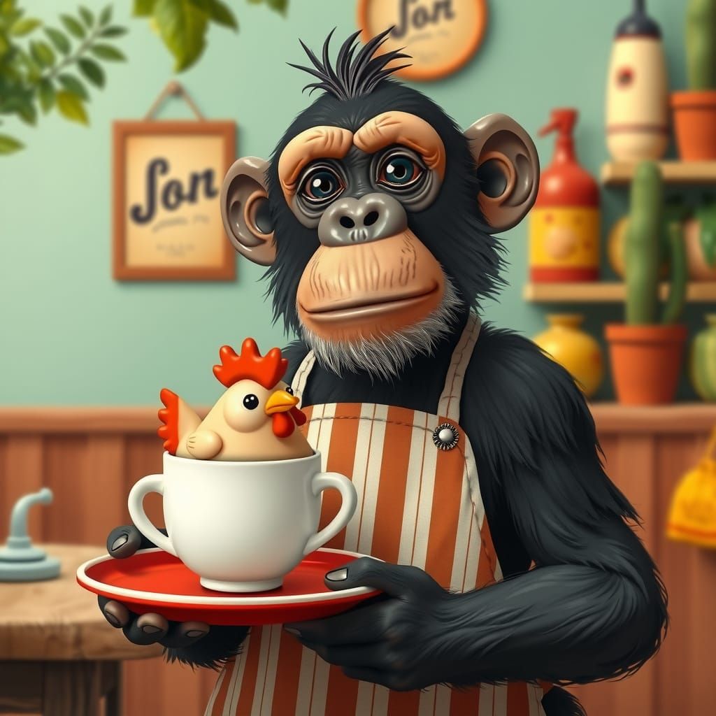 Chimpanzee Serving Chicken Cappuccino in Italian Style