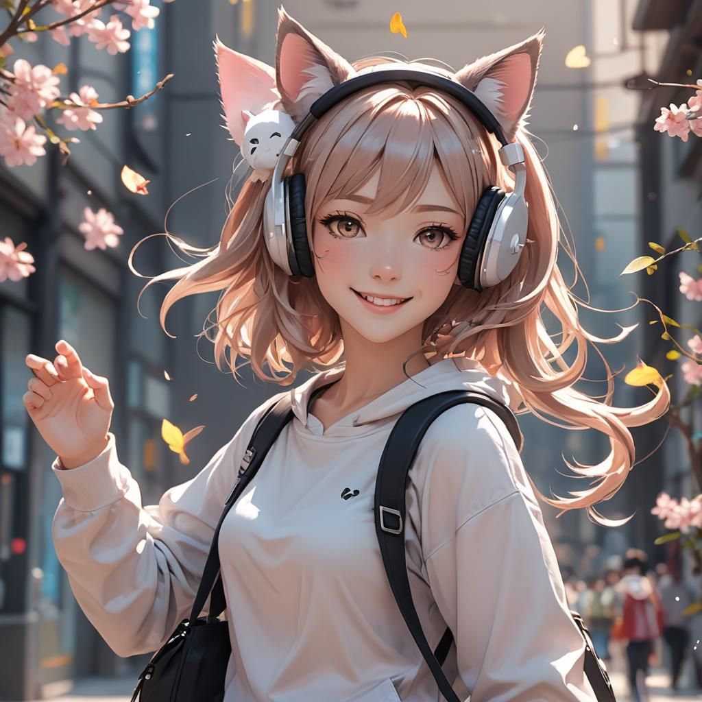 Anime Girl with Cat Ears Waving Hello
