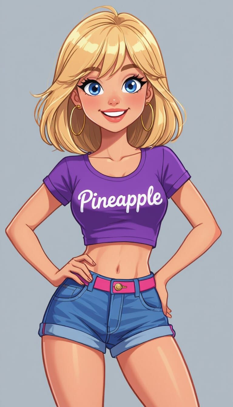 Stylized Cartoon Woman in Purple Top and Denim Shorts