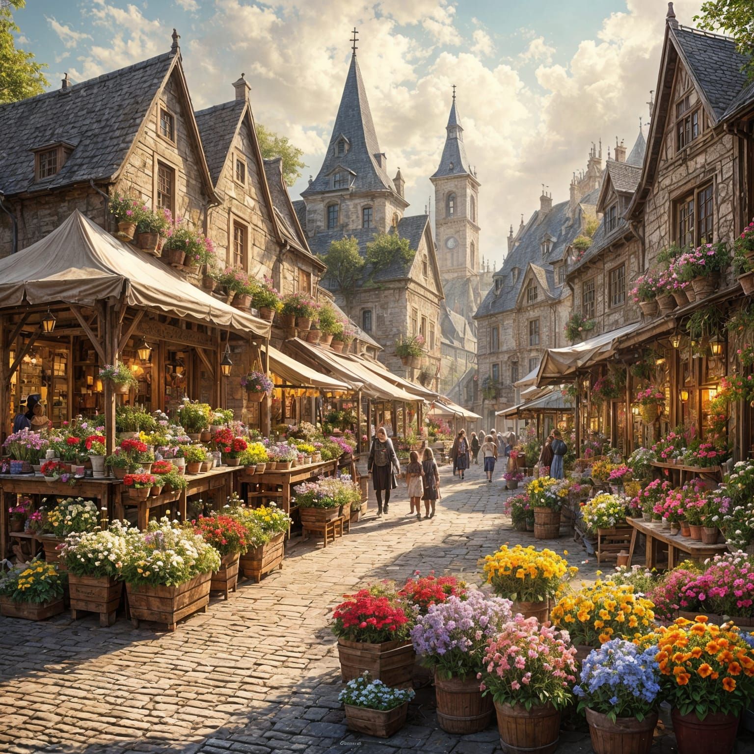 Ethereal Flower Market in Medieval Street: Oil Painting