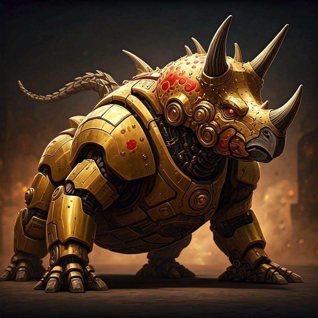 Robot Pachyrhinosaurus in NYC, Gold and Red, 4K
