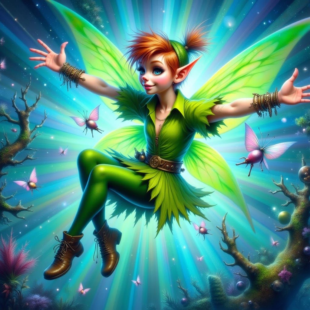 Whimsical Peter Pan in Mid-Flight Over Vibrant Neverland