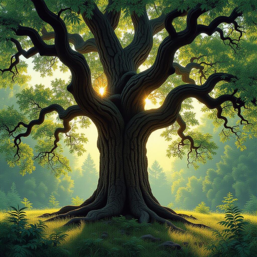 Wise Old Tree in Sunlit Forest: Naturalistic Landscape