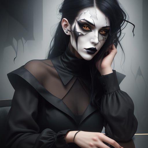 Goth Female Fashion Model in Smoky Coffee Shop, Art in Cubis...