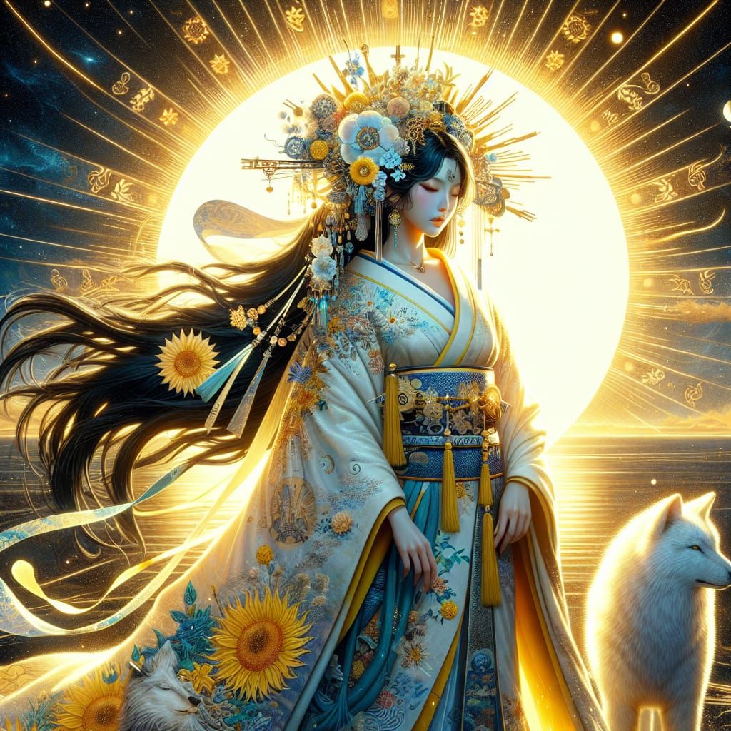 Surreal Japanese Goddess of the Sun Adorned with Solar Accen...