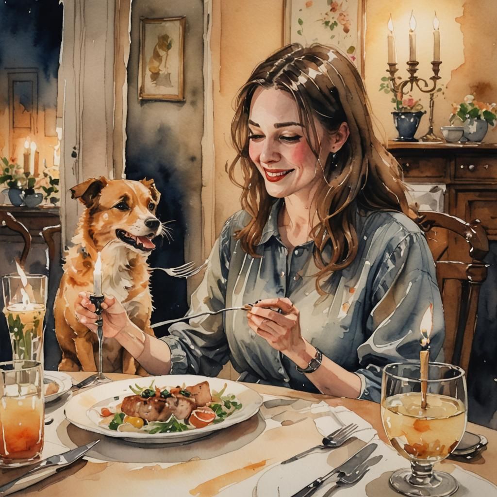 Whimsical Lady and Dog at Dinner, Watercolour Style
