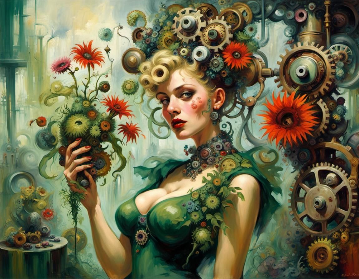 Steampunk Emerald Plant Machine in Neo-Impressionism Style