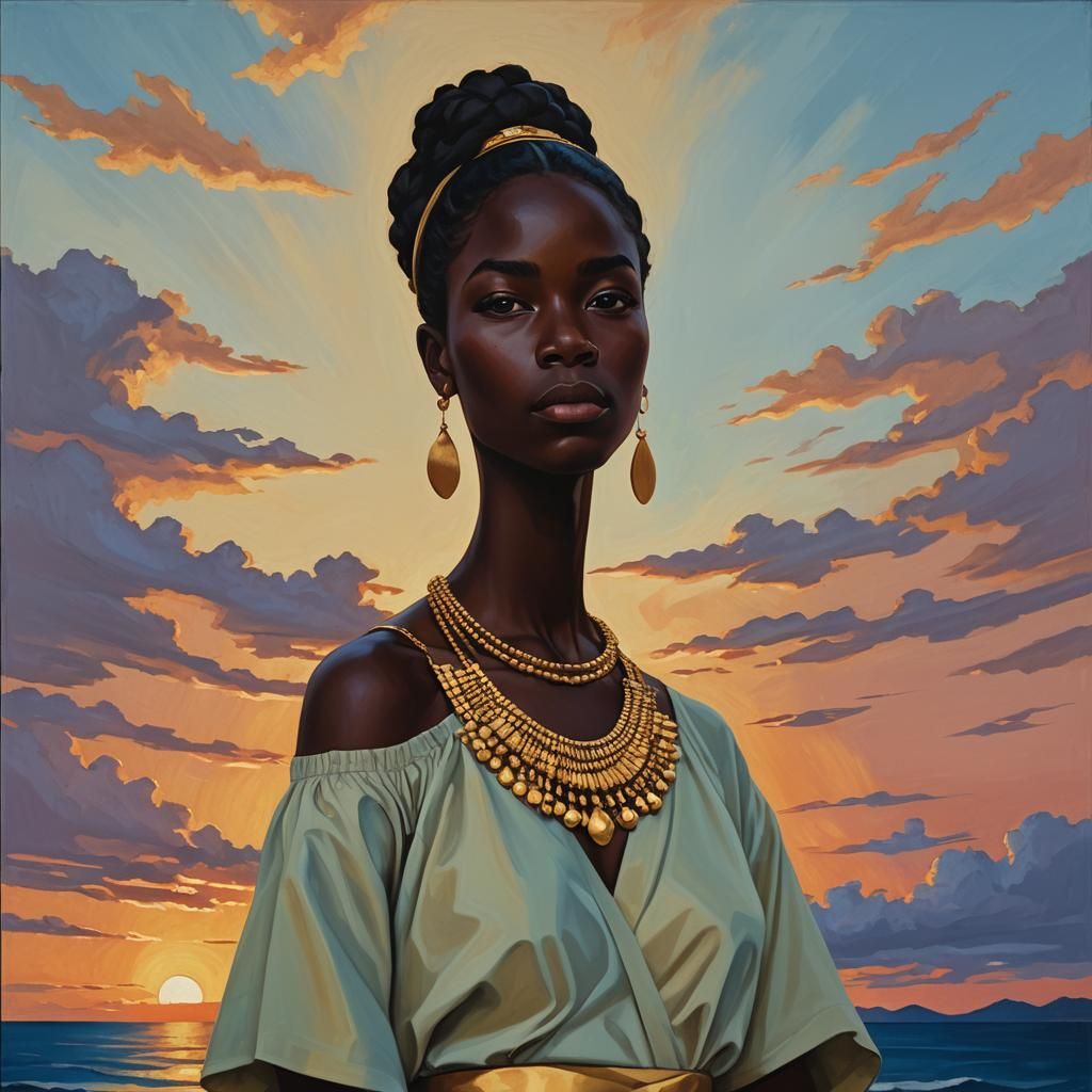 Sunset Portrait of Woman in Oils with Golden Jewelry