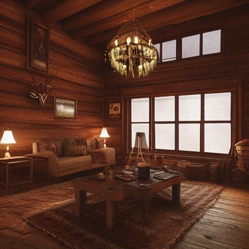 Cozy Cabin on Rainy Day with Floating Lights