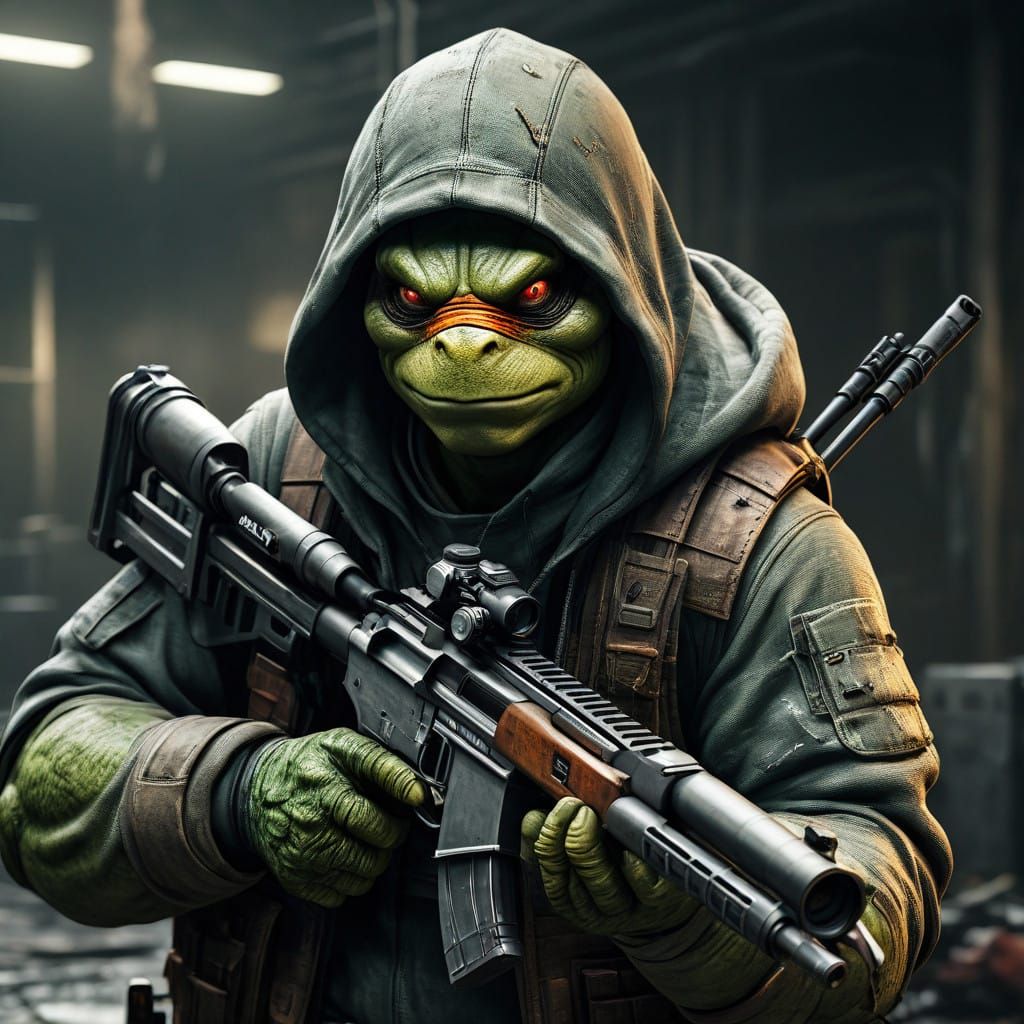 Stealthy Ninja Turtle Wields Sniper Rifle in Gritty Urban La...