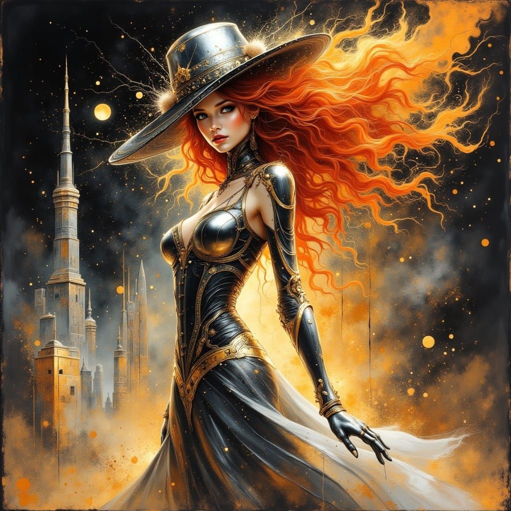 Futuristic Android Lady in Neon Cityscape