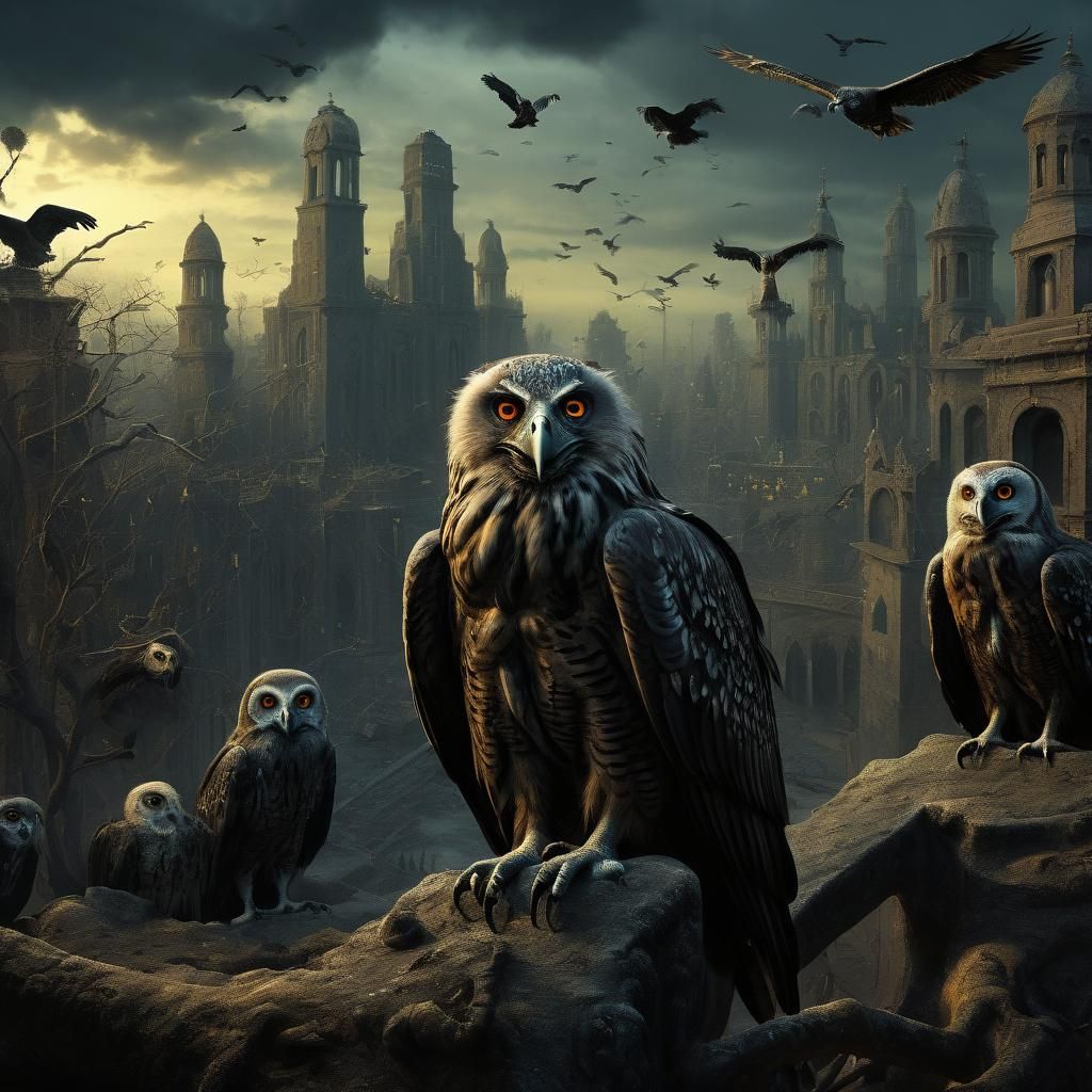 Eerie Vultures and Owls in Dark Surreal Setting