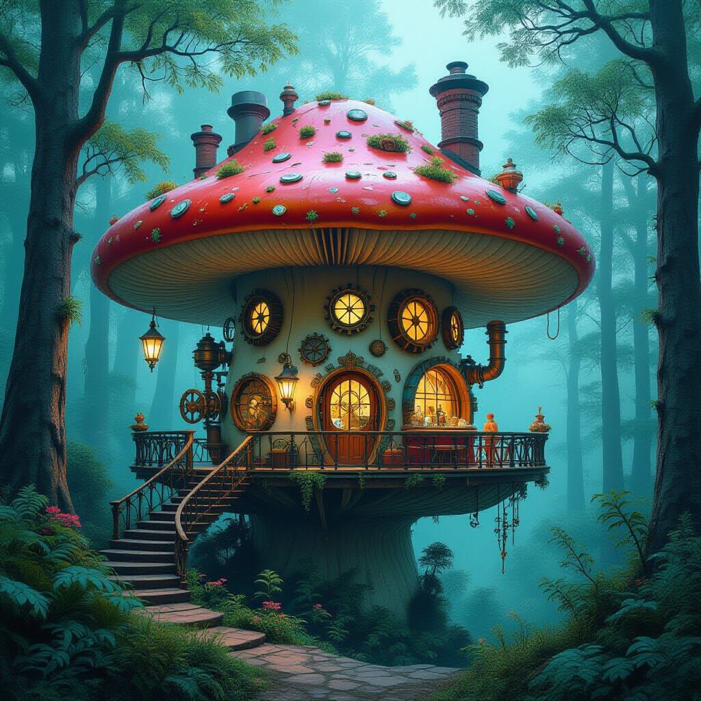 Steampunk Teahouse on Bioluminescent Mushroom, Storybook Ill...