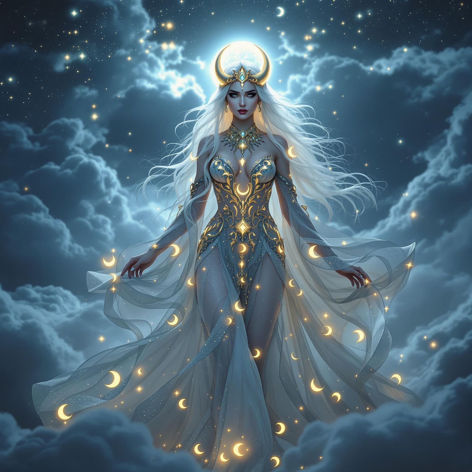 Ethereal Moon Goddess in Moonlit Night Sky