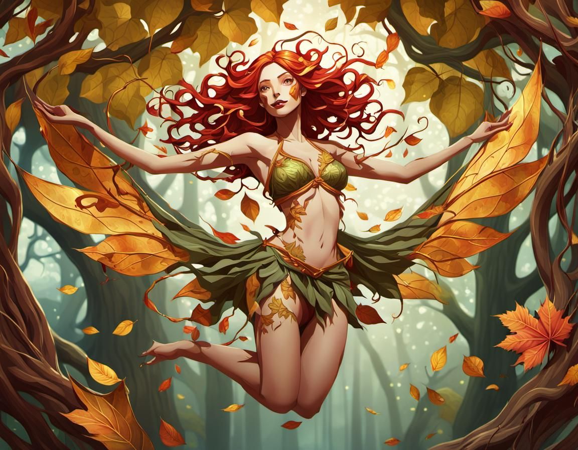 Dancing Fairy in Leaf Bikini: Anime-Inspired Illustration