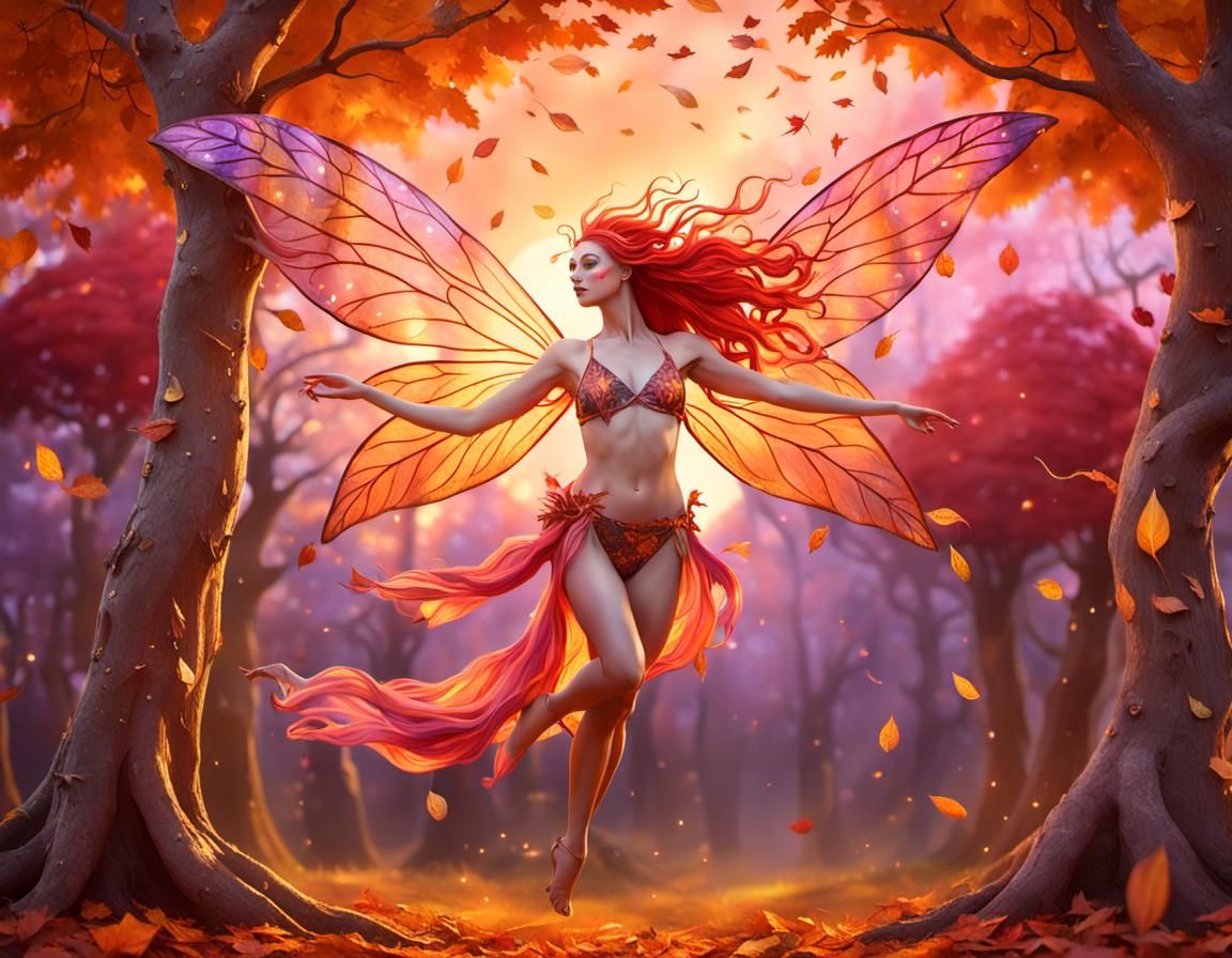 Radiant Fairy Dances in Autumn Fantasy Landscape