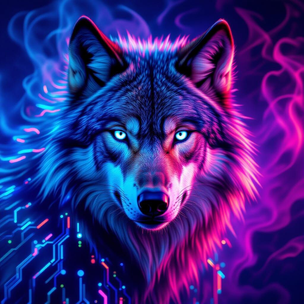 Surreal Cybernetic Wolf Portrait with Neon Fur